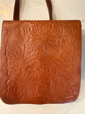 Patricia Nash Tooled Leather Crossbody Bag in Cognac Floral Embossed